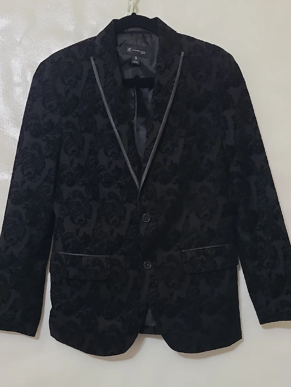 INC Men's Black Jacquard Floral Patterned 2-Button Slim Fit Blazer Jacket- Small
